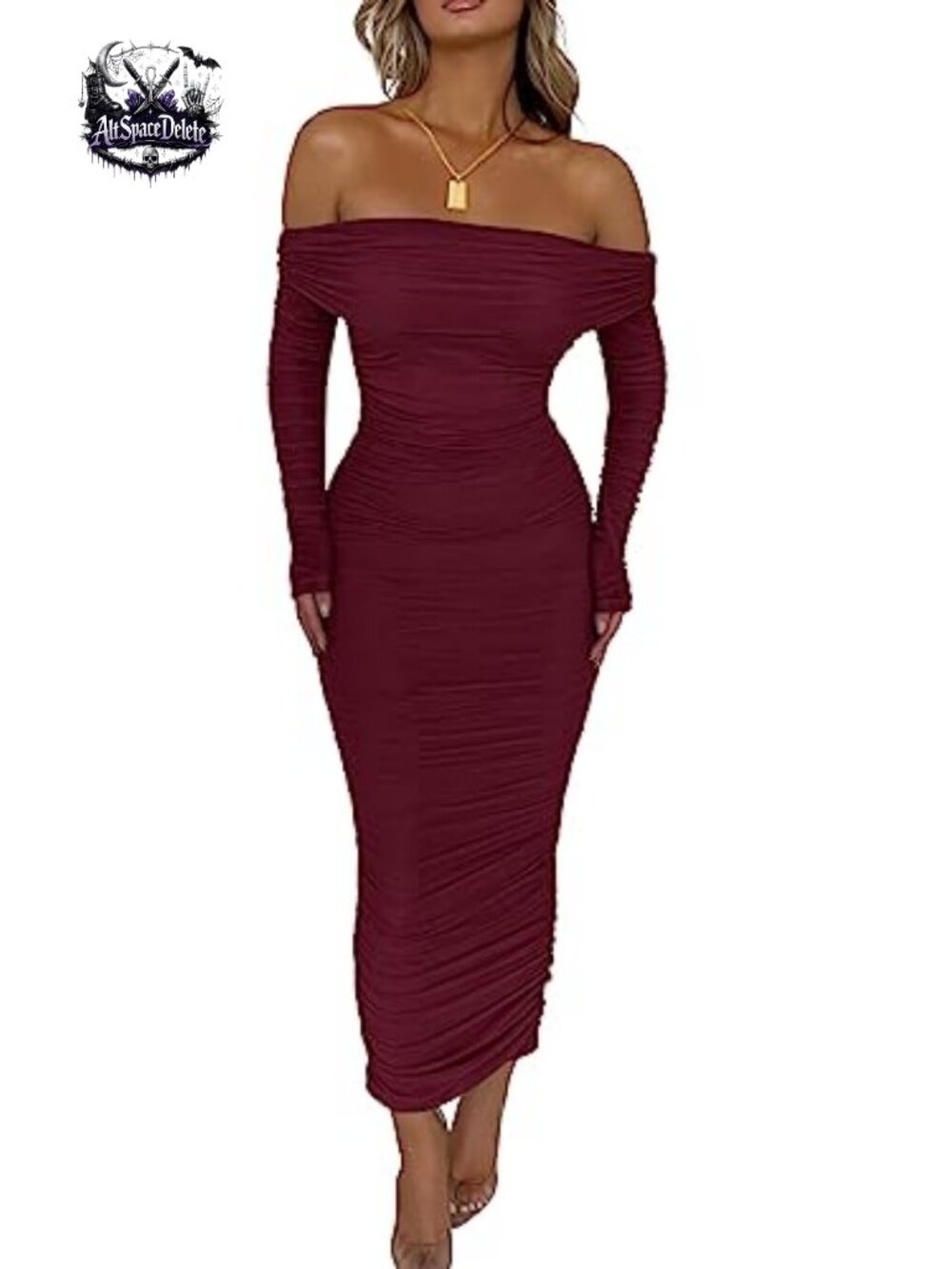 Off Shoulder Bodycon Maxi Dress Long Sleeve Ruched Slit Wedding Guest
